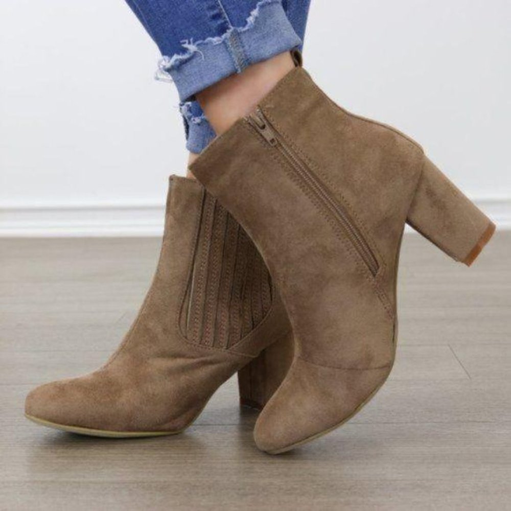Vegan Suede Taupe Block Heel Ankle Bootie - Picture 4 of 6